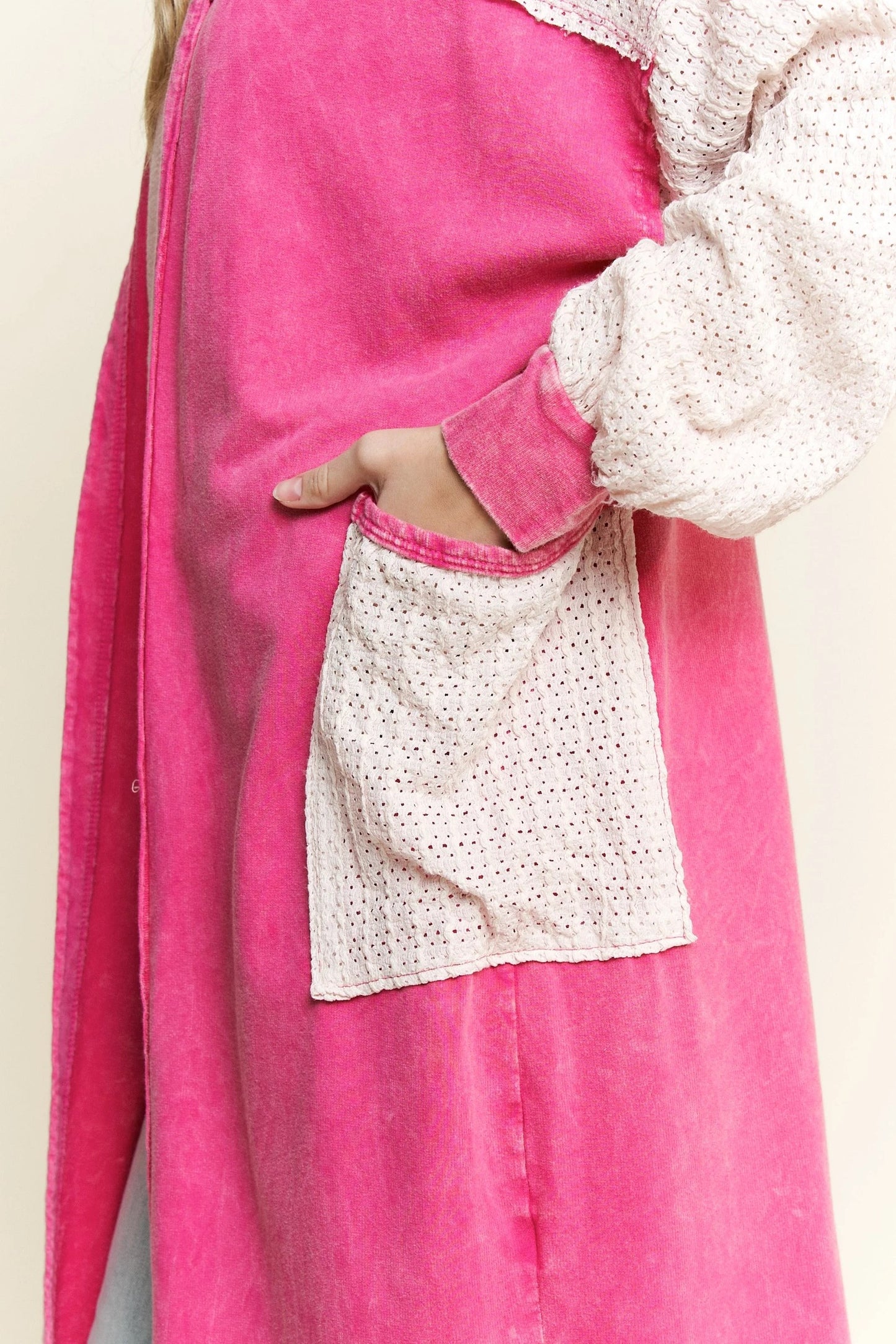 J. HER Mineral Wash Wave Knit Jacquard Hoodie Maxi Cardigan Hot Pink