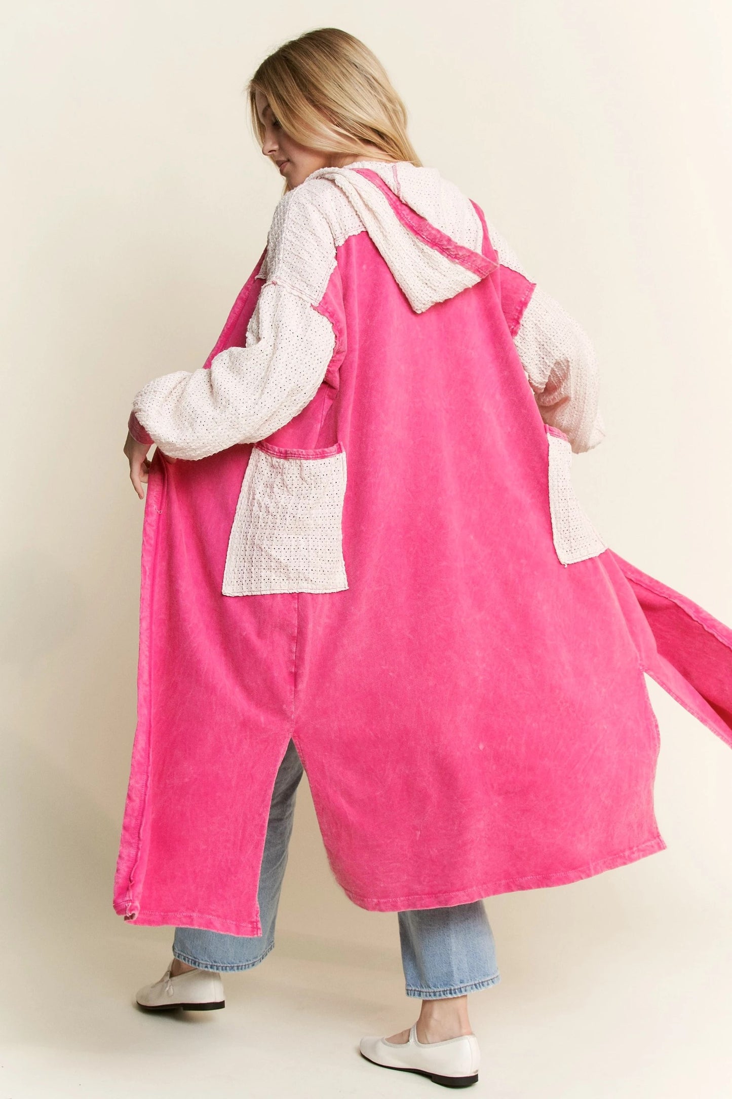 J. HER Mineral Wash Wave Knit Jacquard Hoodie Maxi Cardigan Hot Pink