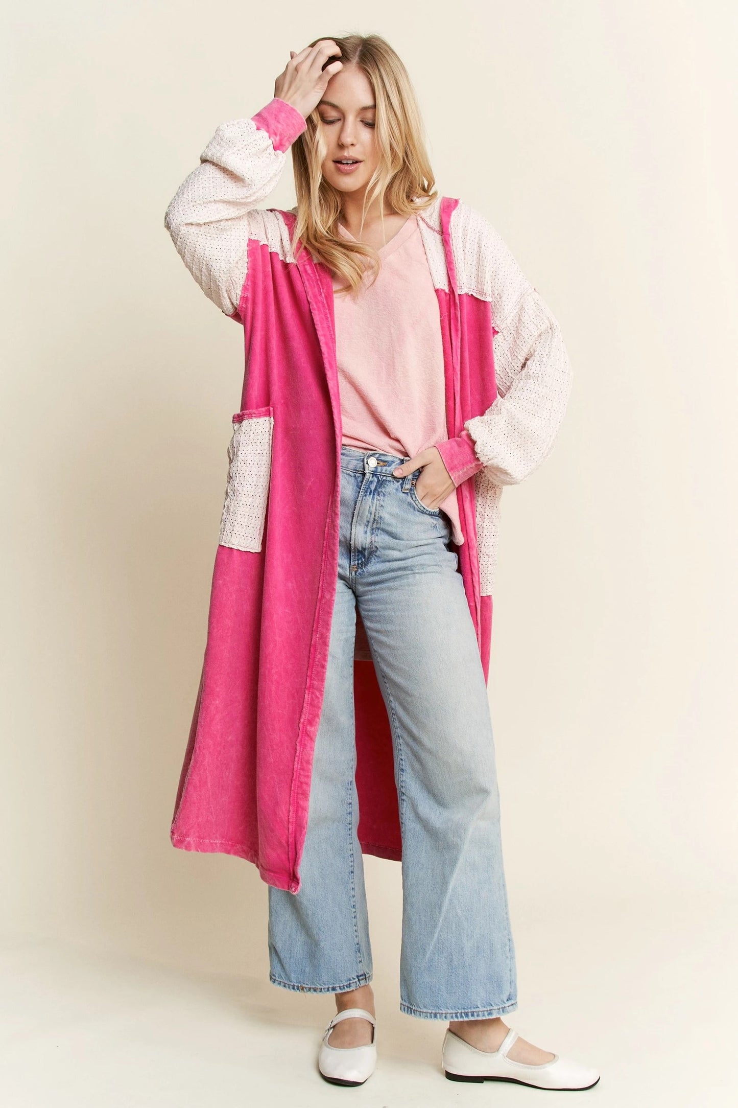 J. HER Mineral Wash Wave Knit Jacquard Hoodie Maxi Cardigan Hot Pink