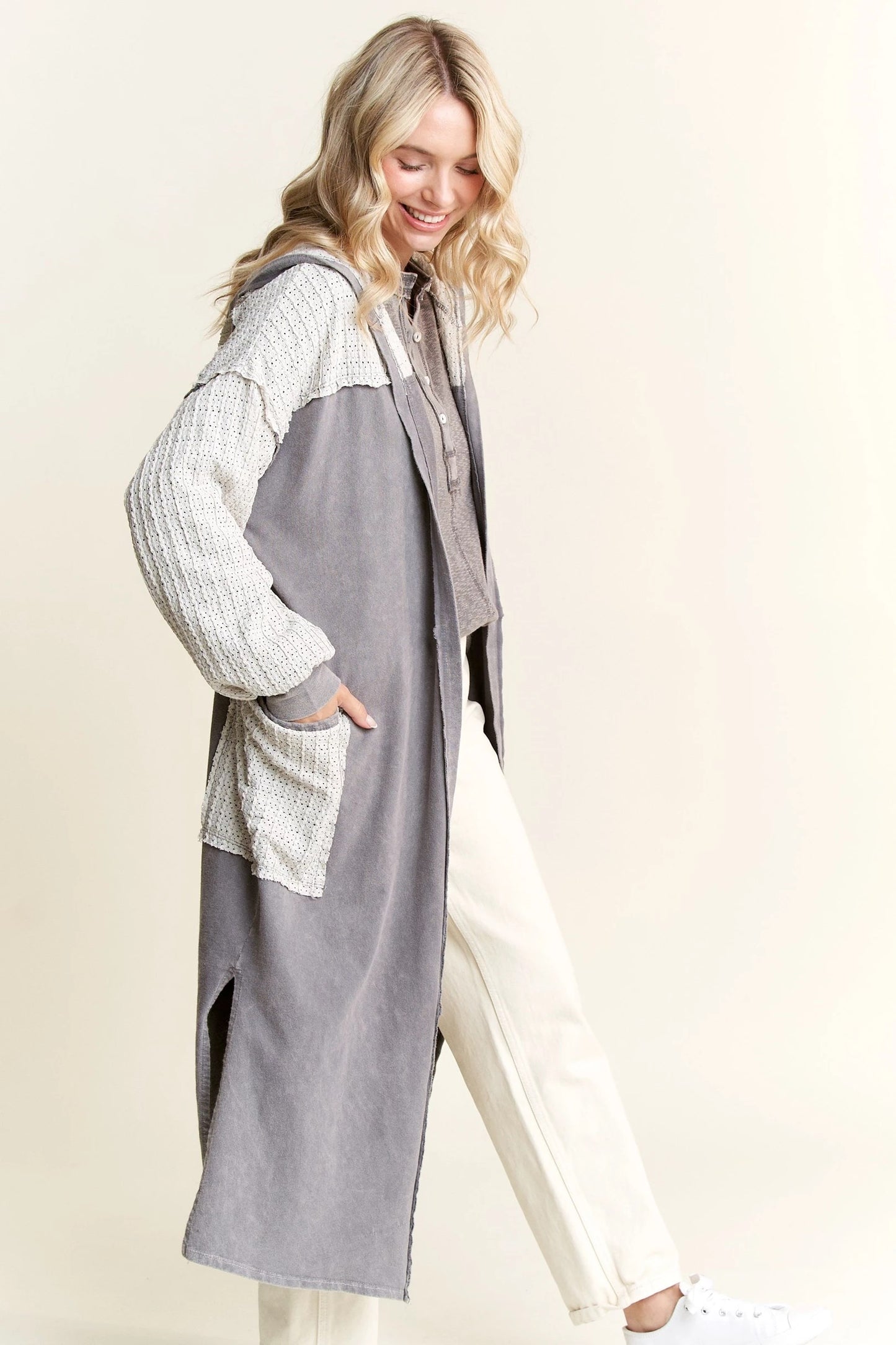 J. HER Mineral Wash Wave Knit Jacquard Hoodie Maxi Cardigan Charcoal