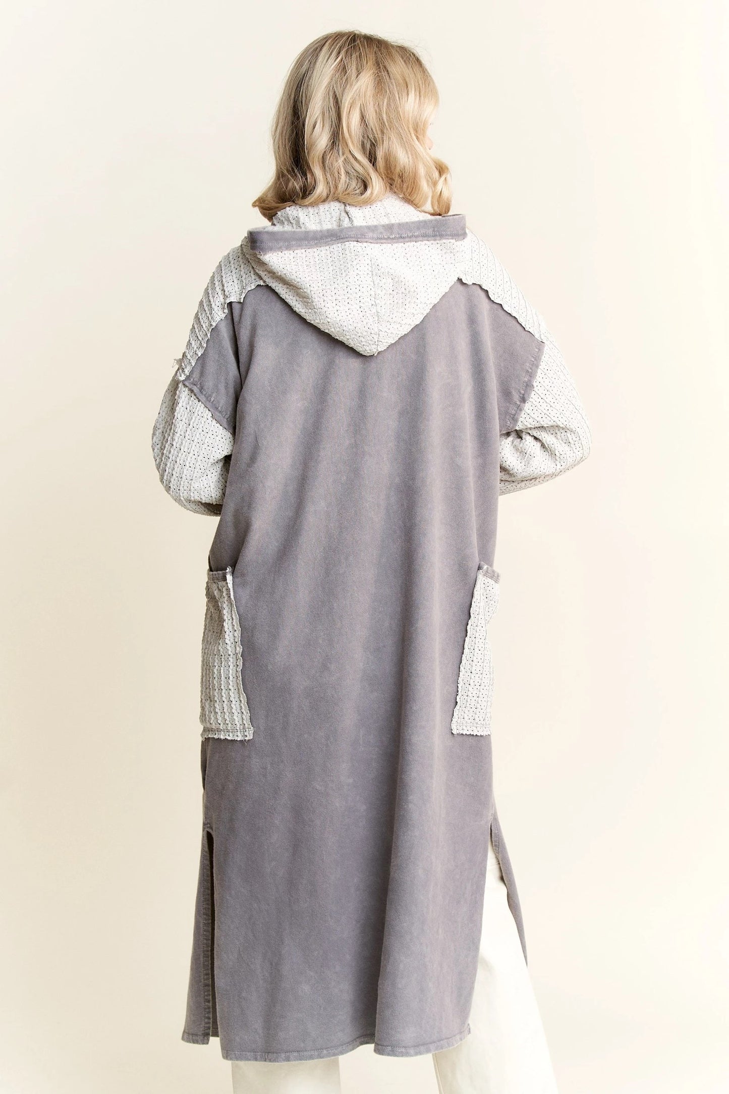 J. HER Mineral Wash Wave Knit Jacquard Hoodie Maxi Cardigan Charcoal