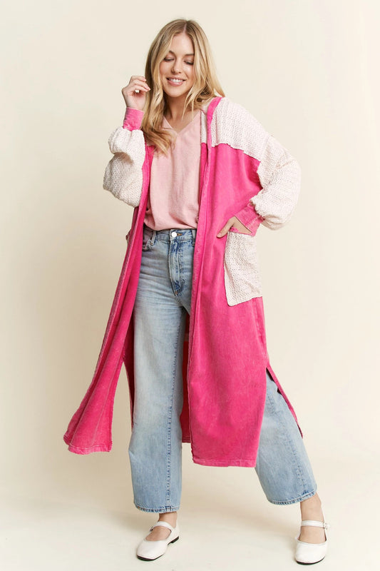 J. HER Mineral Wash Wave Knit Jacquard Hoodie Maxi Cardigan Hot Pink