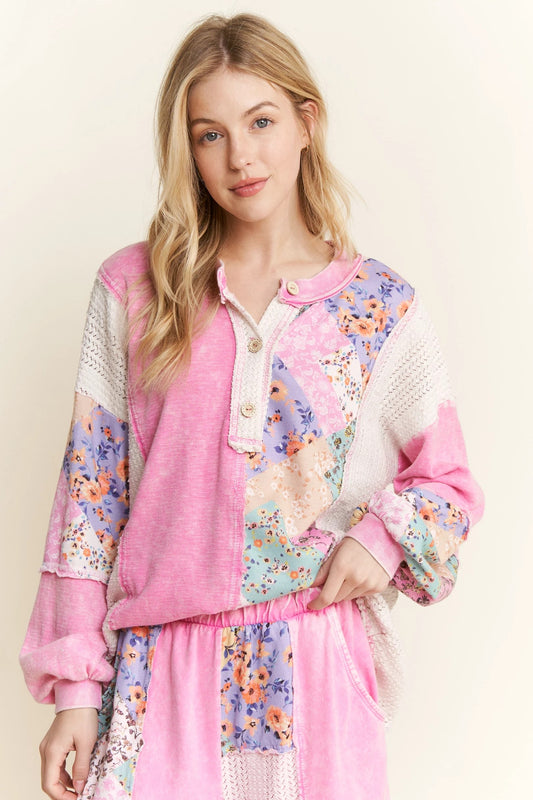 J. HER Mineral Washed Floral WaveKnit Jacquard Henley Boho Top Long Sleeve Bubble Gum