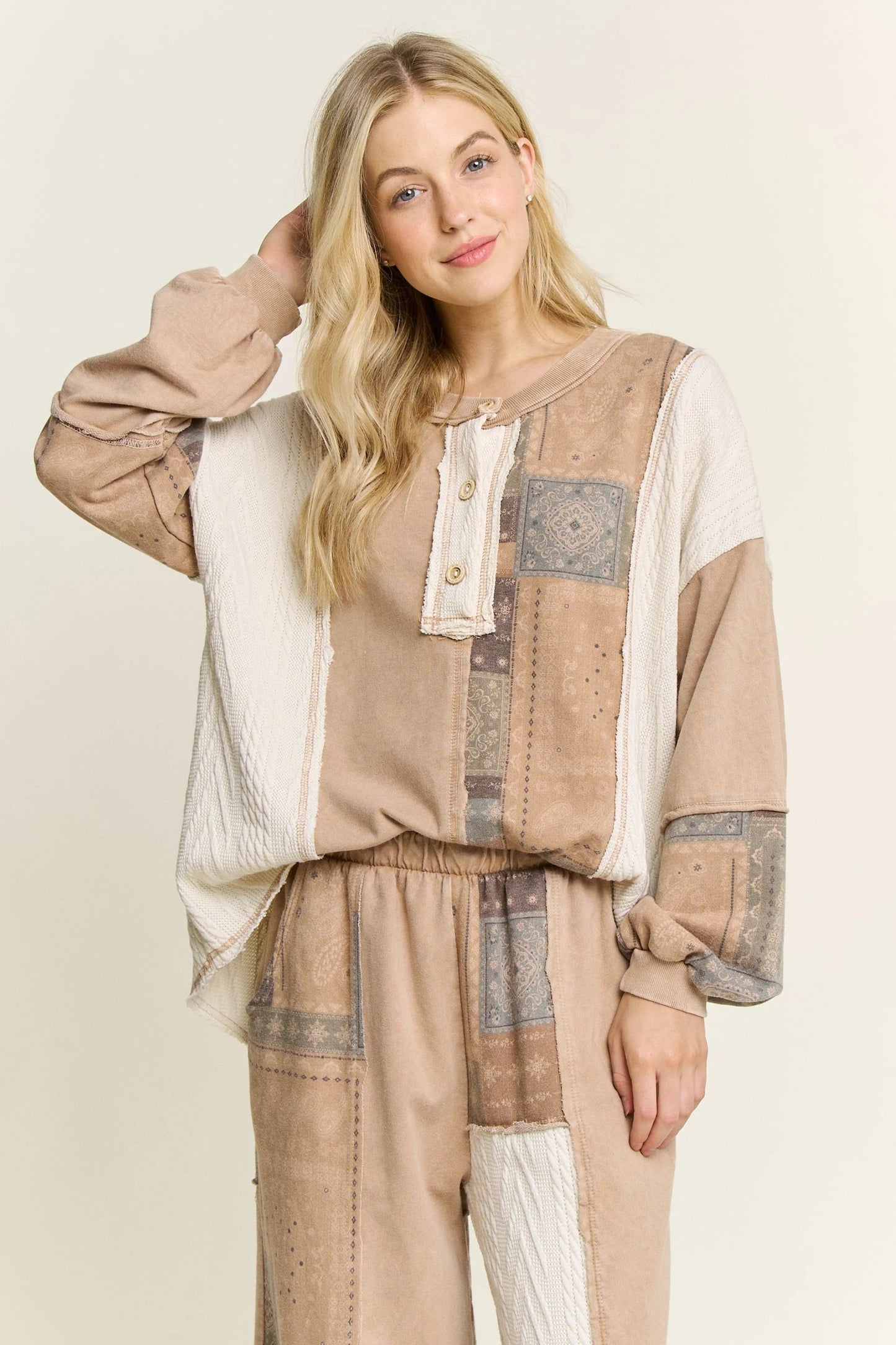 J. HER Mineral Washed Bandana Patchwork + Sweater Top Latte