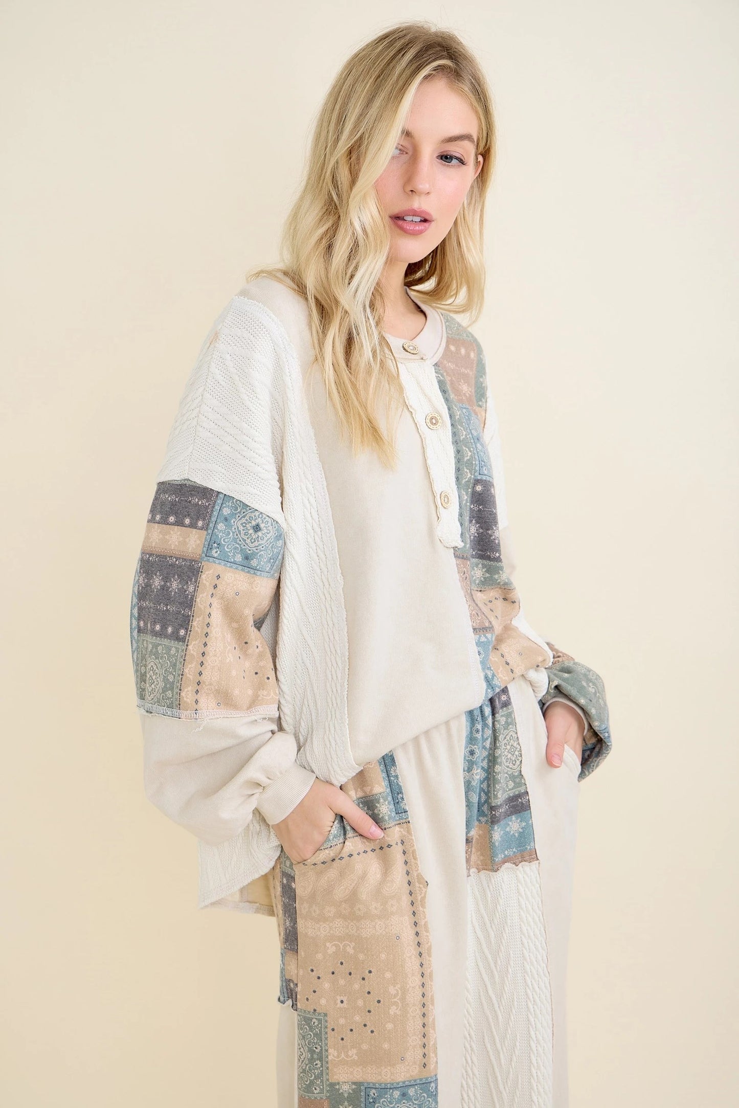 J. HER Mineral Washed Bandana Patchwork + Sweater Top Natural