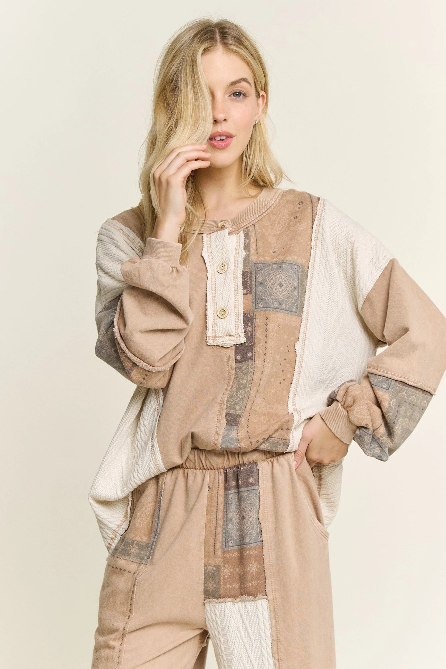 J. HER Mineral Washed Bandana Patchwork + Sweater Top Latte