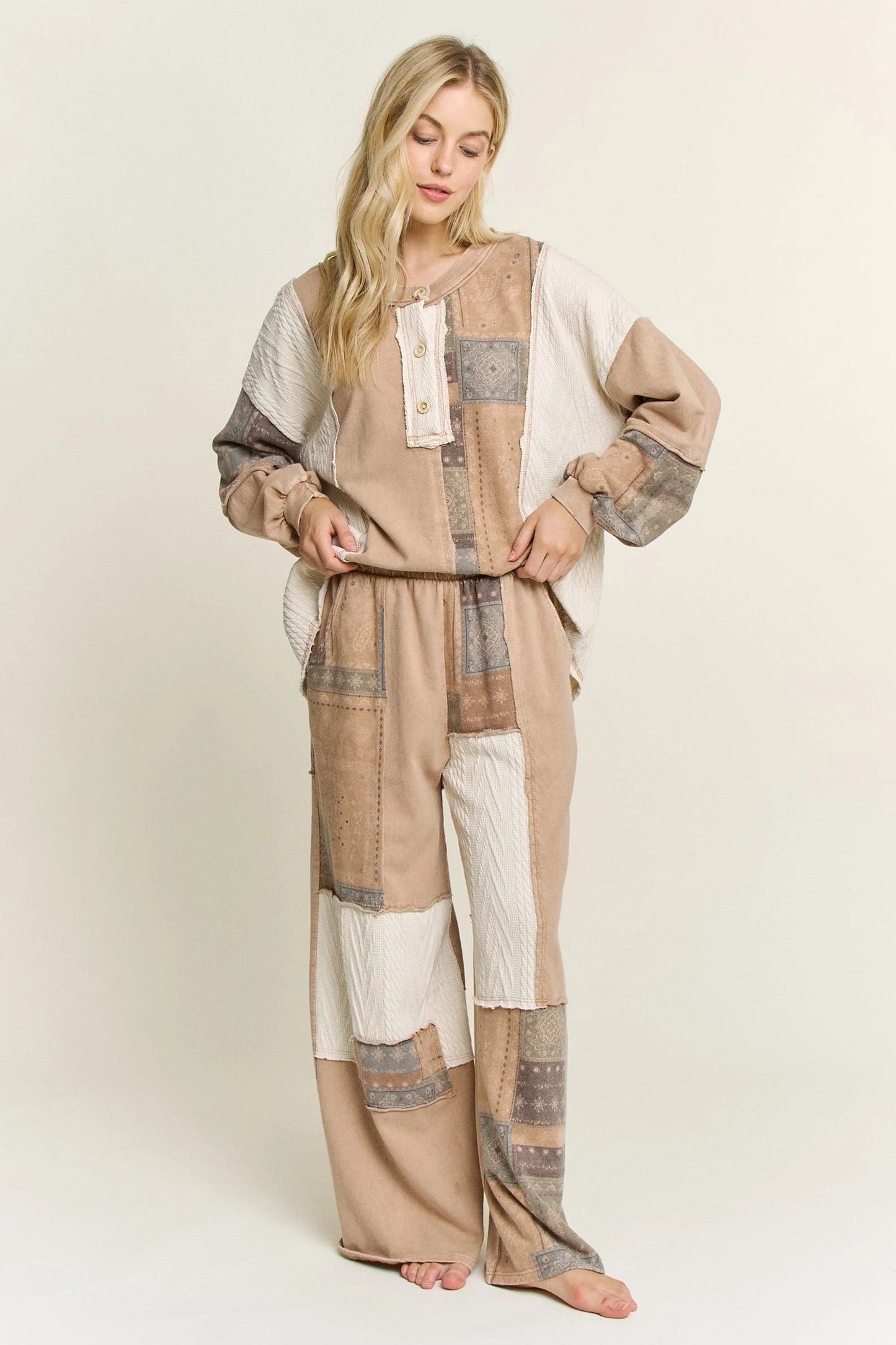 J. HER Mineral Washed Bandana Patchwork + Sweater Top Latte