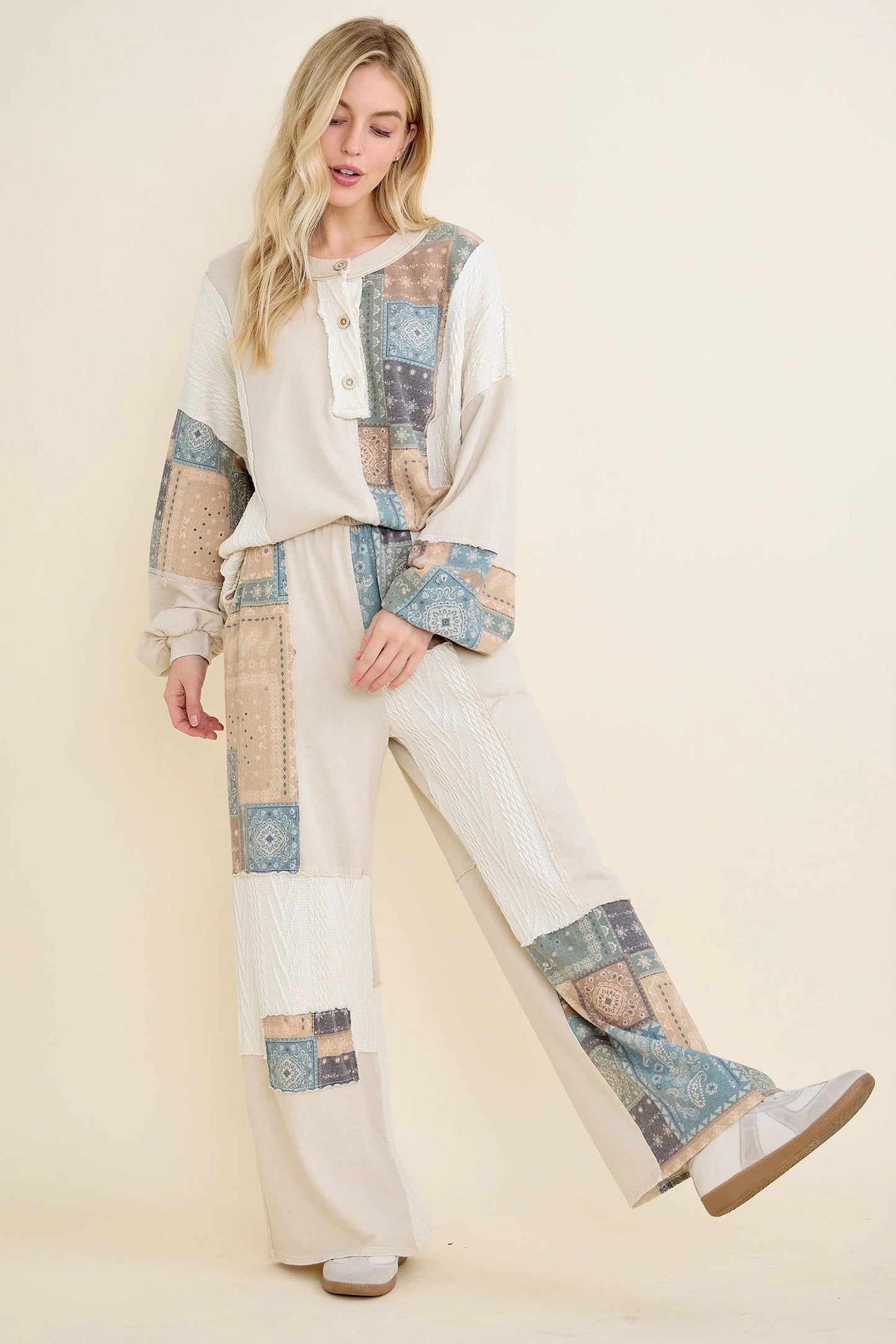 J. HER Mineral Washed Bandana Patchwork + Sweater Top Natural