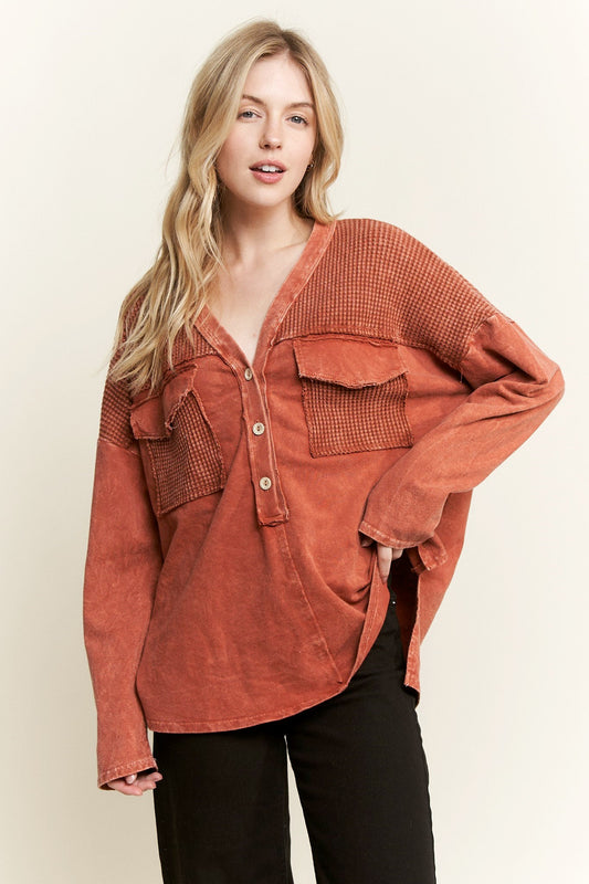 J. HER Mineral Wash Waffle Double Pocket Henley Top Burnt Orange