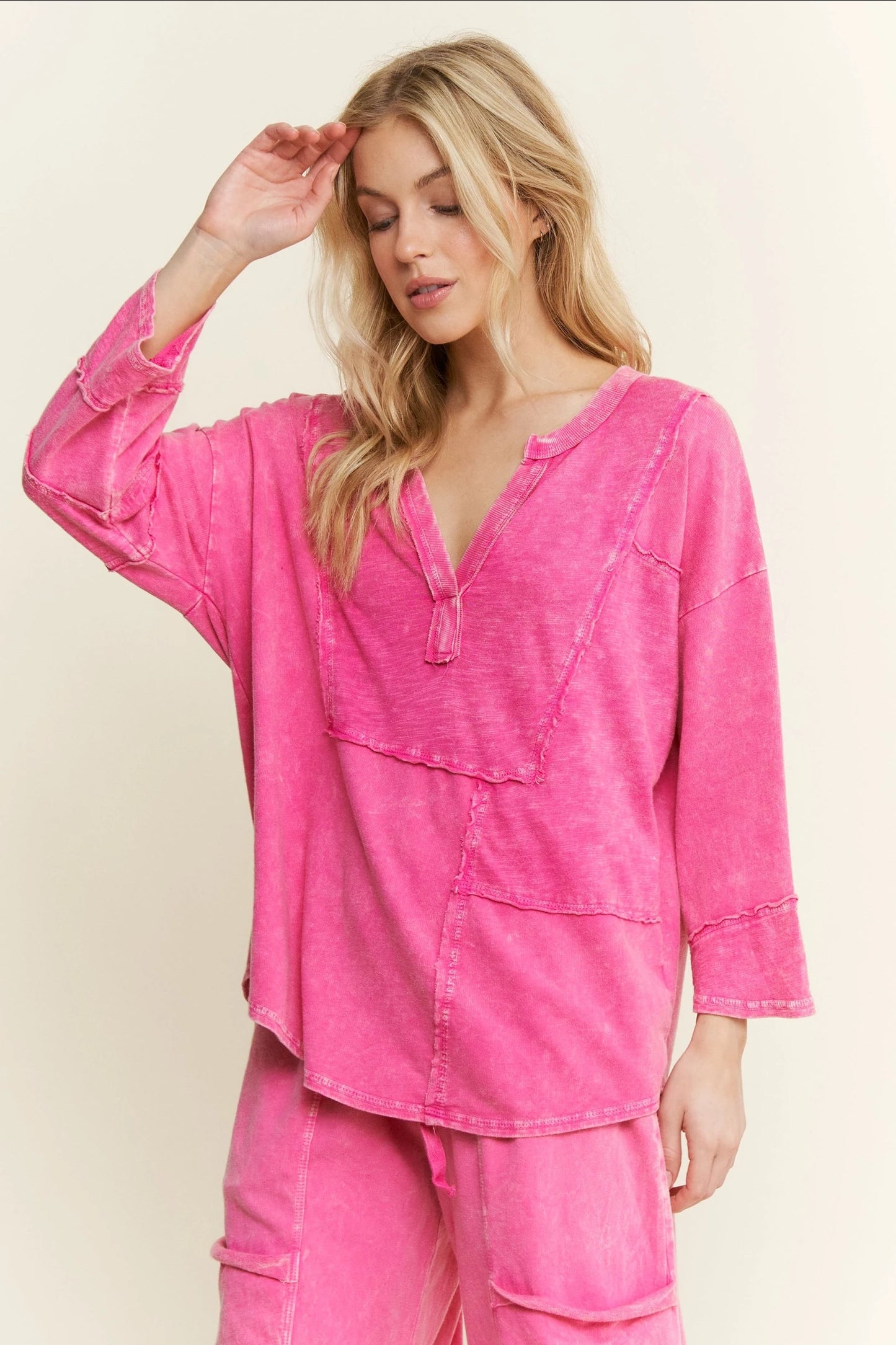 J. HER Mineral Washed V Neck 3/4 Sleeve Top