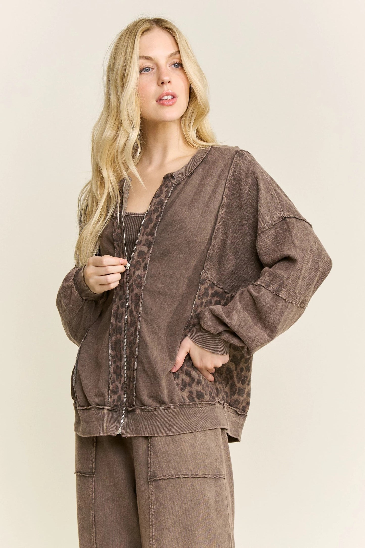 J Her Ashed Oak Cheetah Flare Pants and Bomber Zipper Top Set