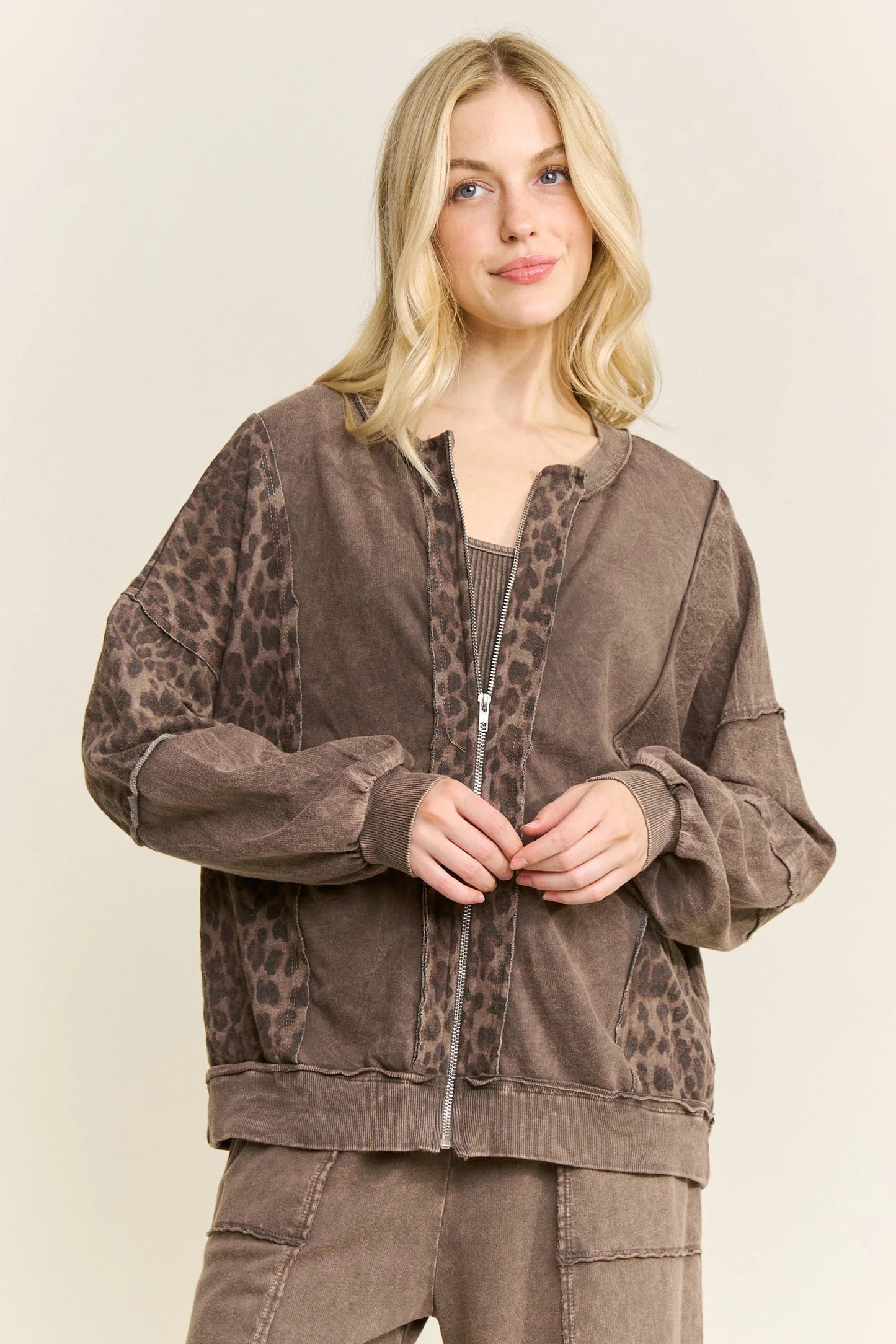 J Her Ashed Oak Cheetah Flare Pants and Bomber Zipper Top Set