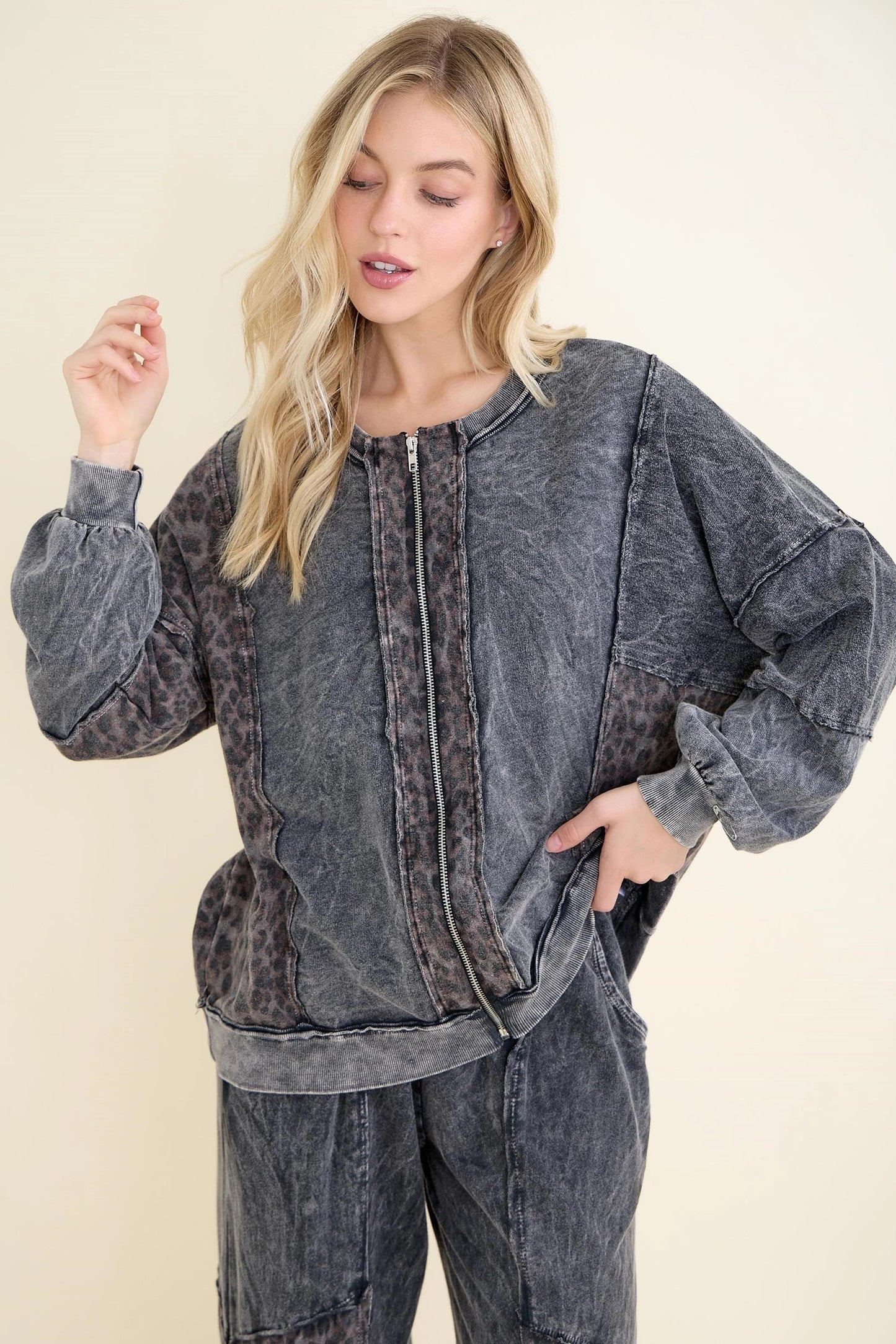 J Her Mineral Washed Leopard Set Ashed Black