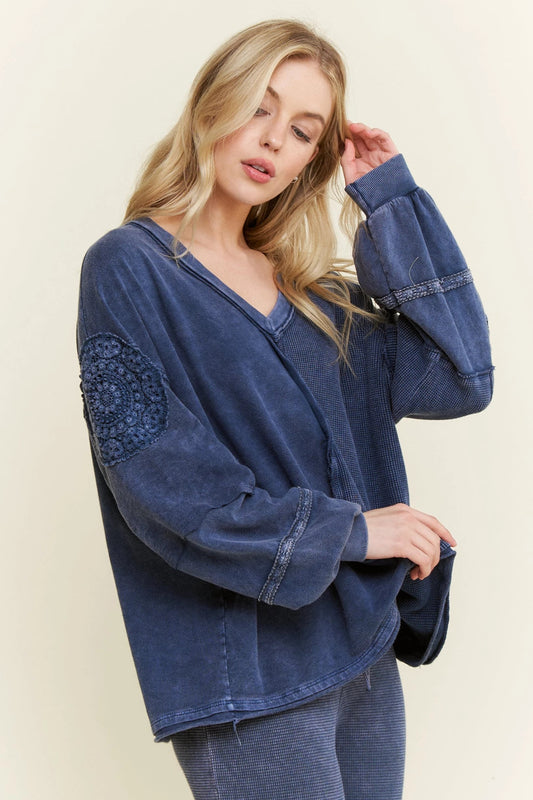 J. HER Mineral Washed Doily V-Neck Blouse Navy