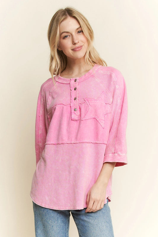 J. HER Mineral Washed Star Patched Henley 3 Quarter Sleeve Top Bubblegum