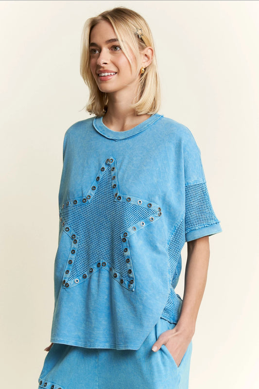 J. HER Mineral Washed Mesh Star T-Shirt Ocean Blue