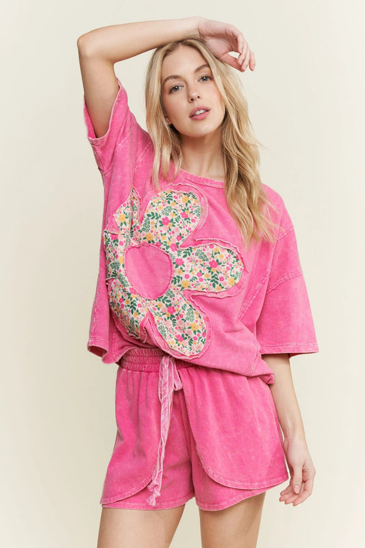 J. HER Mineral Washed Floral Flower Patched T-Shirt Hot Pink