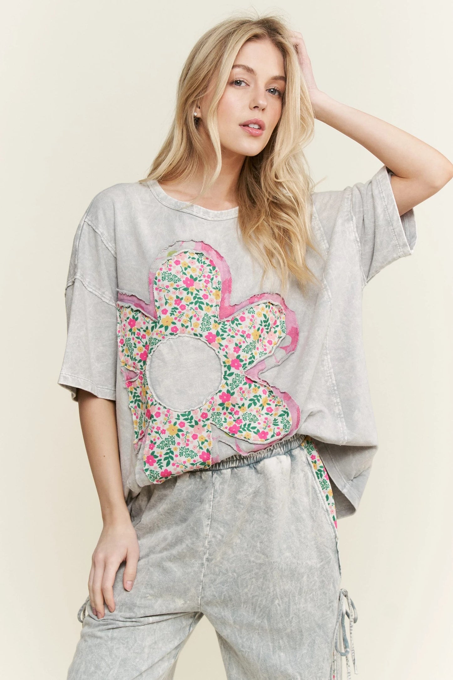 J. HER Mineral Washed Floral Flower Patched T-Shirt Silver Grey