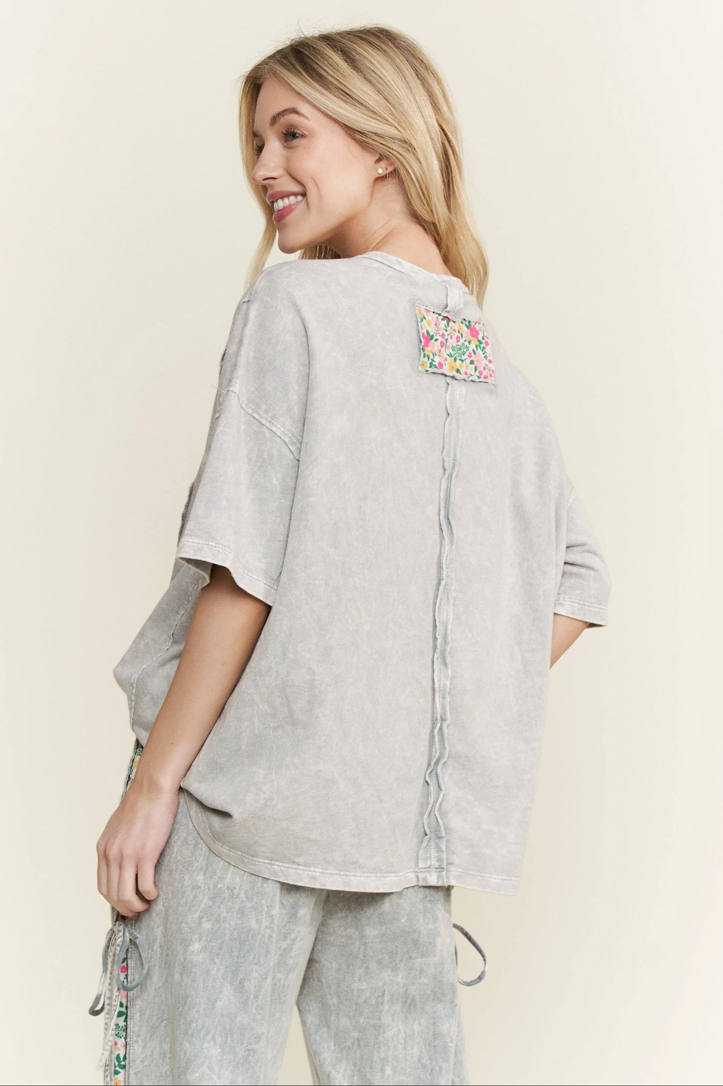 J. HER Mineral Washed Floral Flower Patched T-Shirt Silver Grey