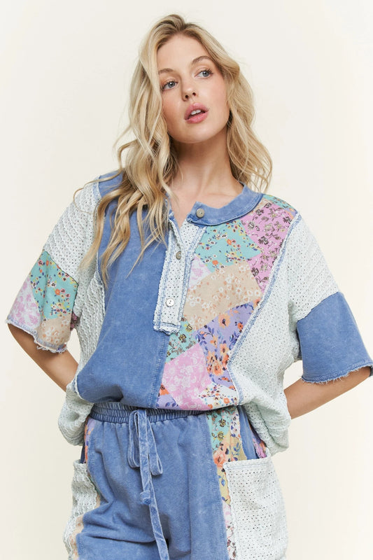 J. HER Mineral Washed Floral Printed Block Henley Top Short Sleeve Denim Blue