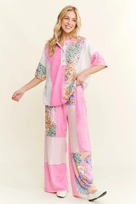 J. HER Mineral Washed Short Sleeve Floral Set Bubble Gum Pink