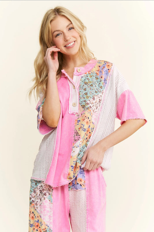 J. HER Mineral Washed Floral Printed Block Henley Top Short Sleeve Bubble Gum