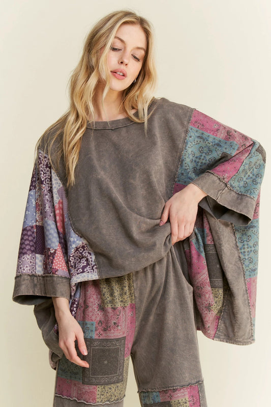J. HER Mineral Washed Boho Patch Poncho Top Charcoal