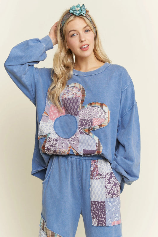 J. HER Mineral Washed Boho Patch Daisy Long Sleeve Sweatshirt Denim Blue