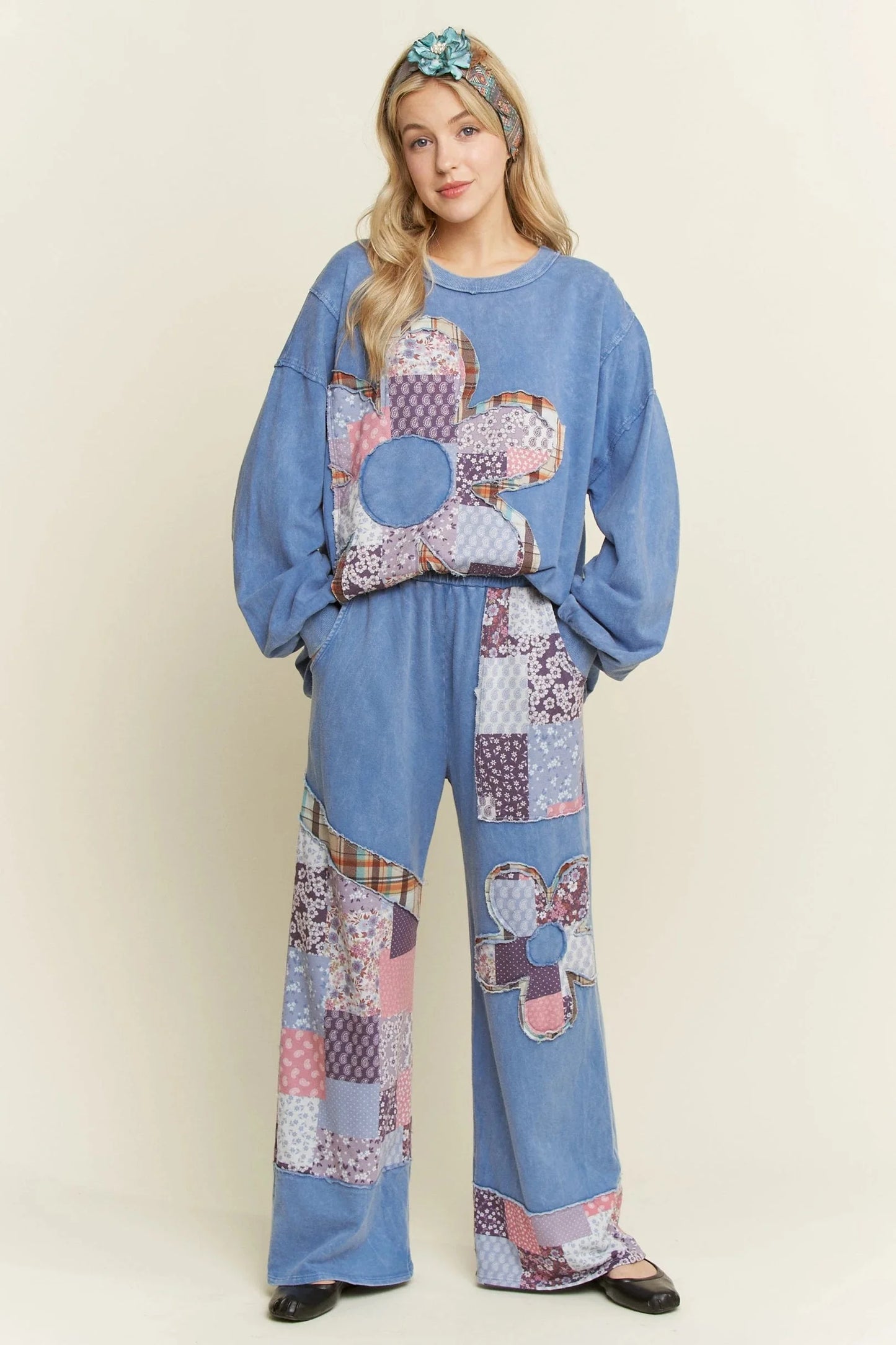 J. HER Mineral Washed Boho Patch Daisy Set Denim Blue