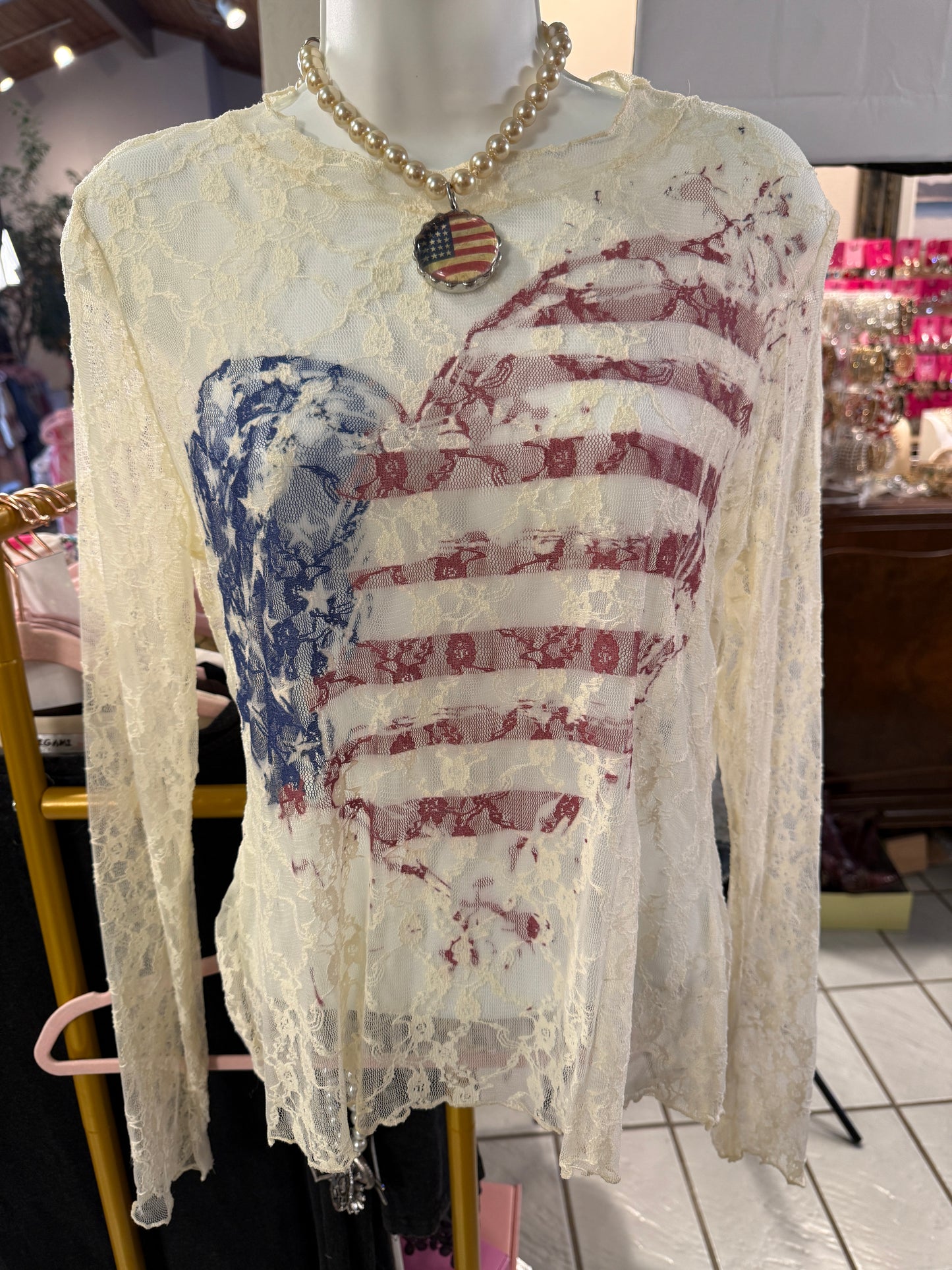 ORIGAMI Flag Heart Lace Sheer Top