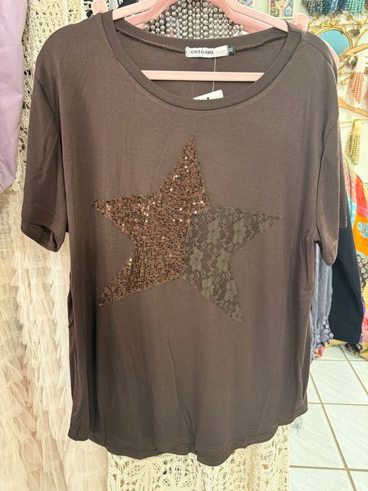 ORIGAMI Brown Lace and Sequin Star Top
