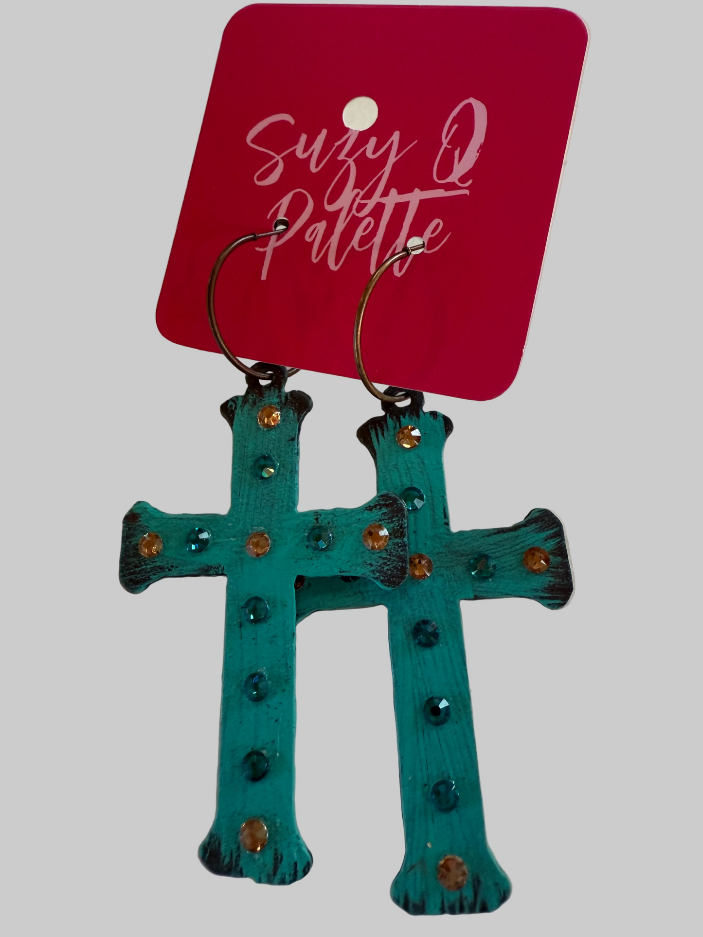 Hand Painted Turquoise Metal Cross Earrings