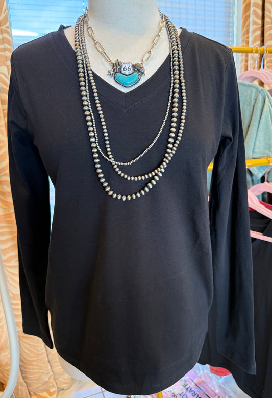 Black Long Sleeve V-Neck Top