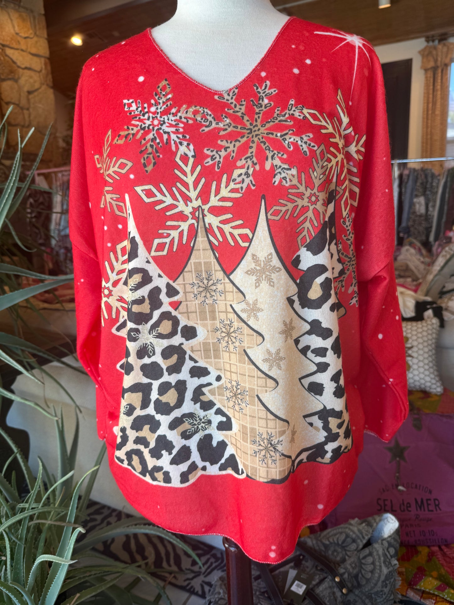 LOOWIE Red Christmas Tree Knit Printed Sweater