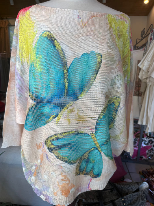 Loowie Blue Butterfly Printed Spring Long Sleeves Sweater