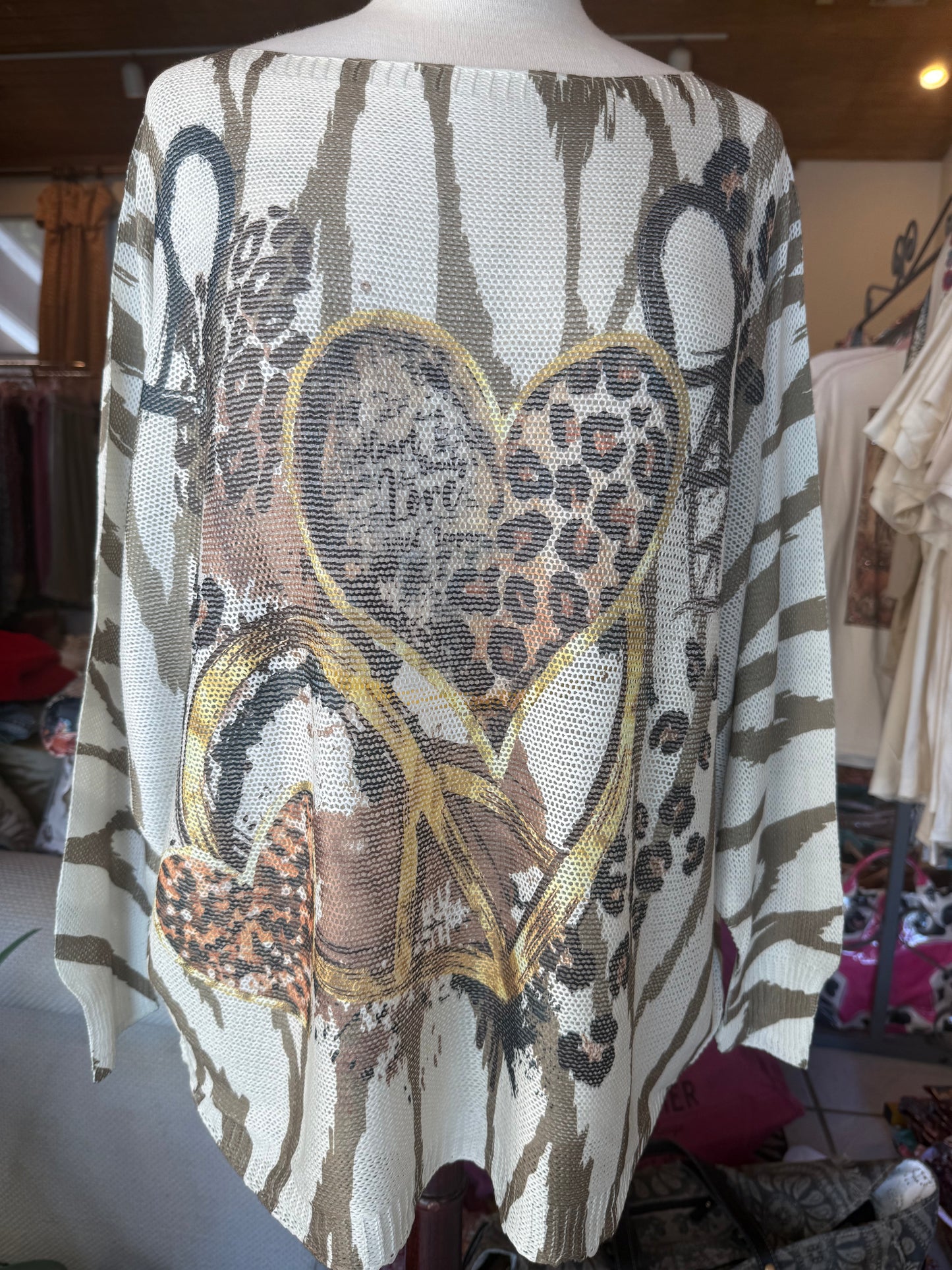 LOOWIE Heart Peace Zebra Print Knit Sweater