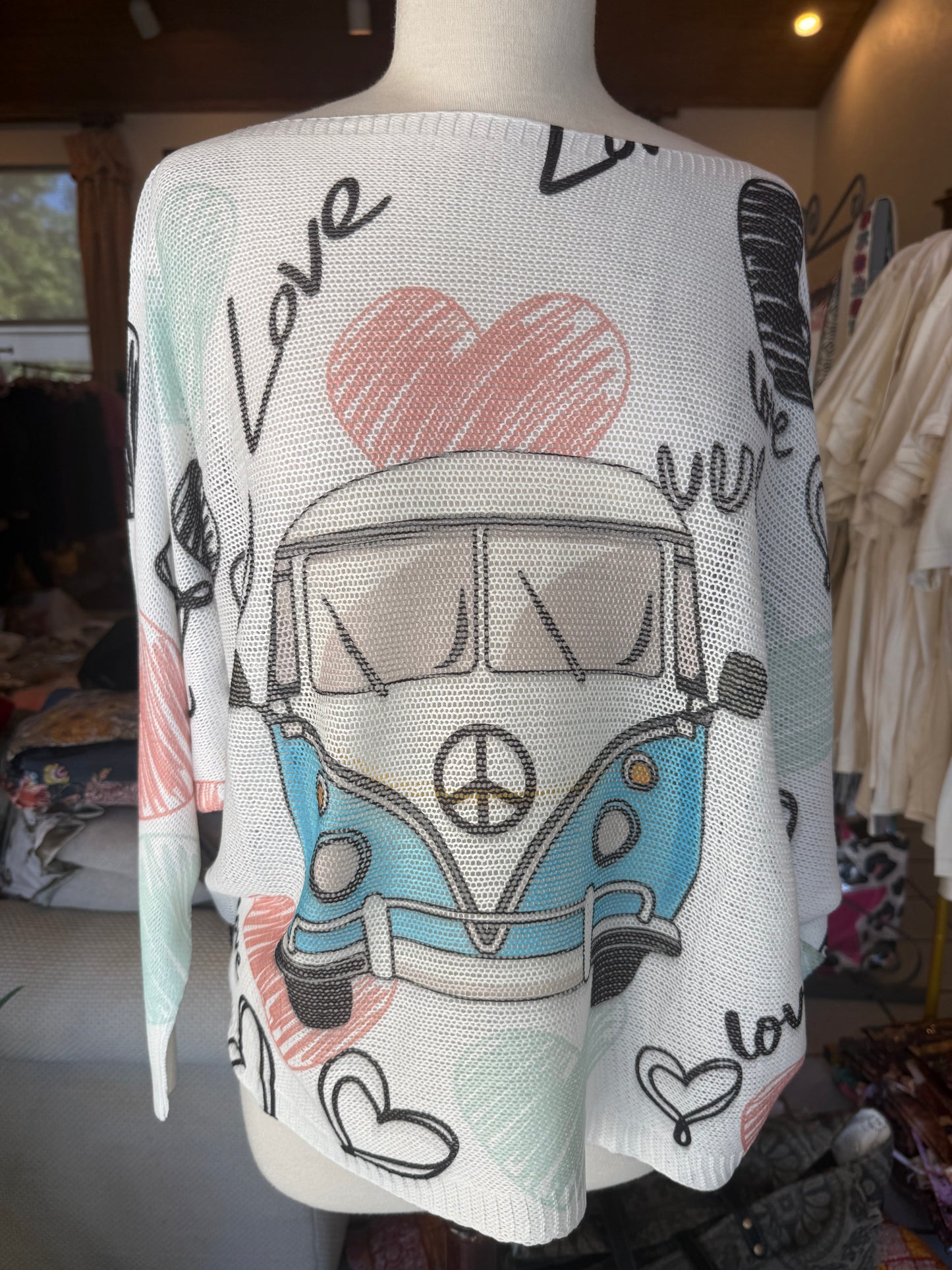 Loowie White Love Van Knit Printed Sweater