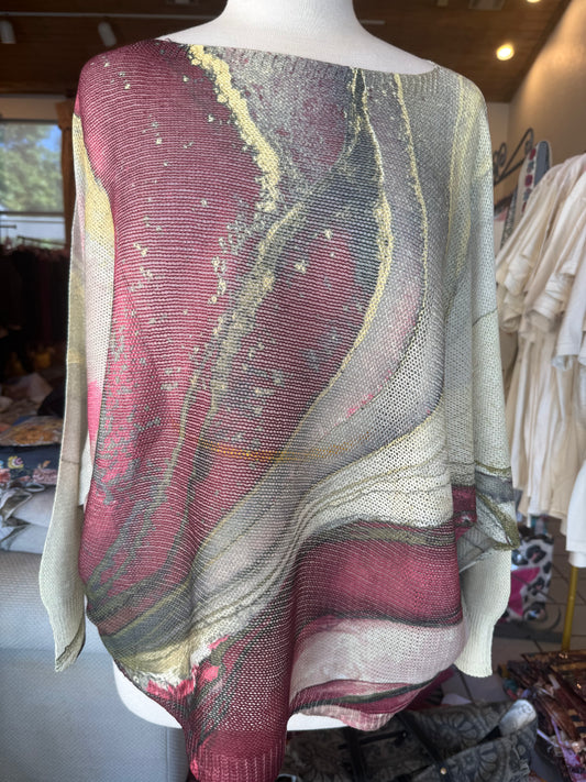 LOOWIE Tie-Dye Burgundy Round Knit Long Sleeves Sweater