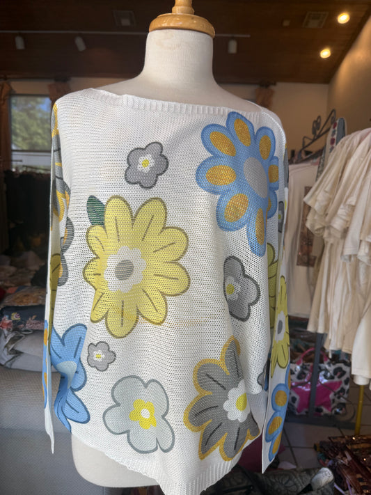 LOOWIE White Daisy Round Knit Printed Sweater