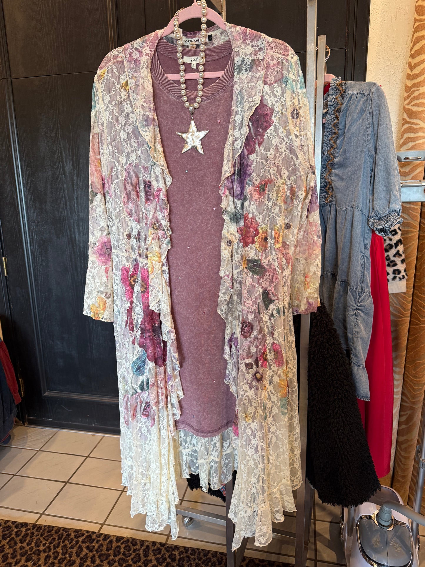 ORIGAMI Purple Fl Lace Cardigan
