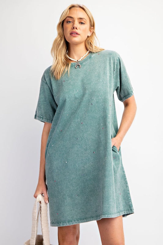 EASEL Rhinestone Mineral Washed Tunic Dress Pacific Green