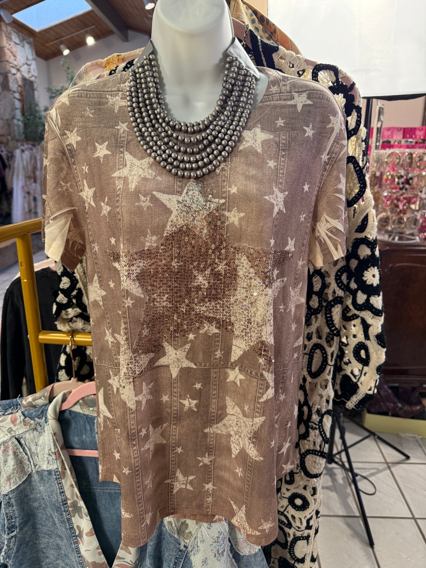 ORIGAMI Brown Denim Sequin Star Top