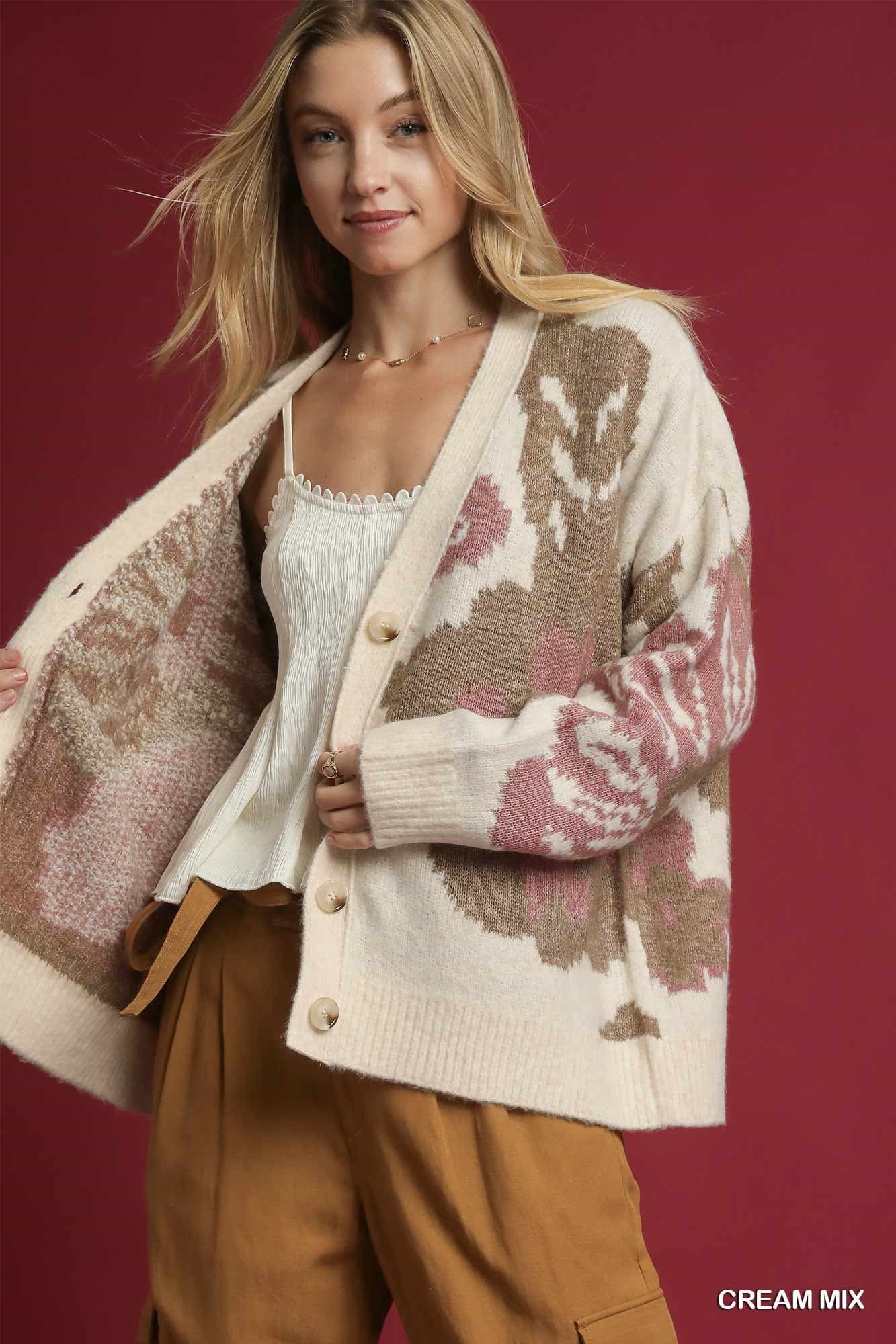 UMGEE Flower Print Button Down Cardigan Cream Mix