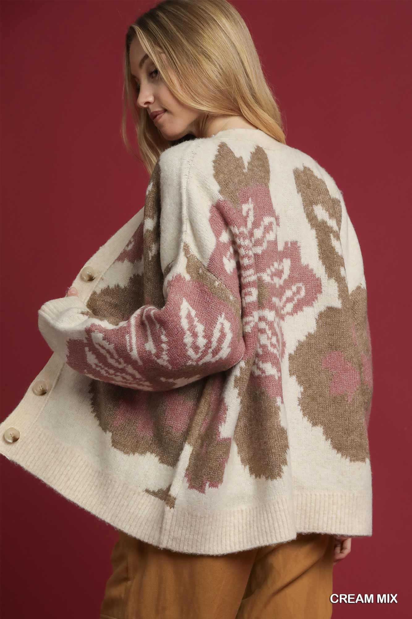 UMGEE Flower Print Button Down Cardigan Cream Mix