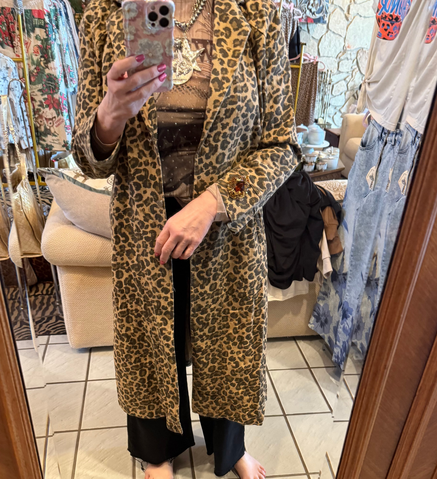 DANI n DAVI Soft Denim Washed Leopard Duster Coat