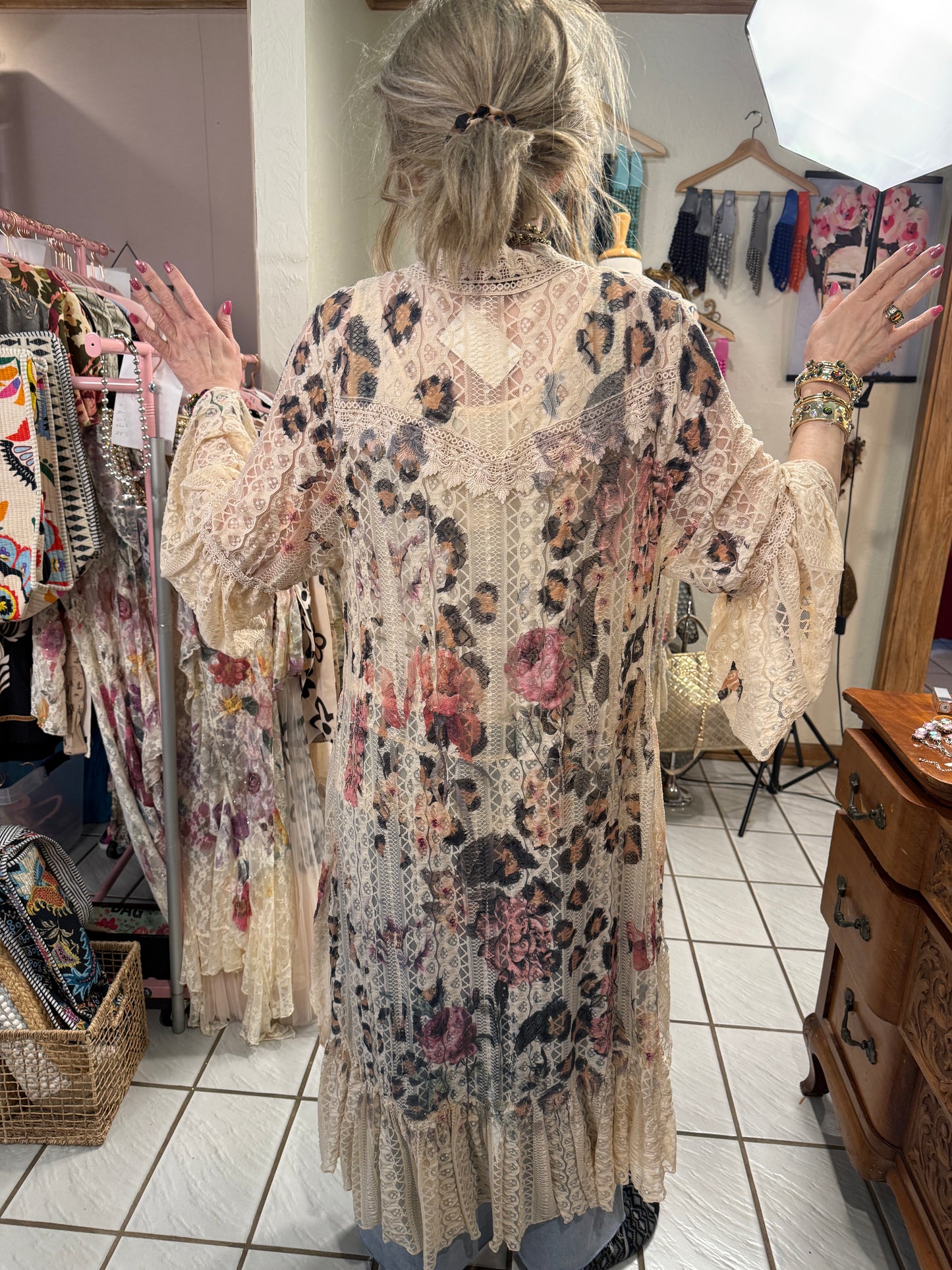 ORIGAMI Taupe Fl High-Low Cardigan