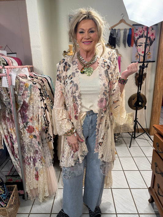 ORIGAMI Taupe Fl High-Low Cardigan