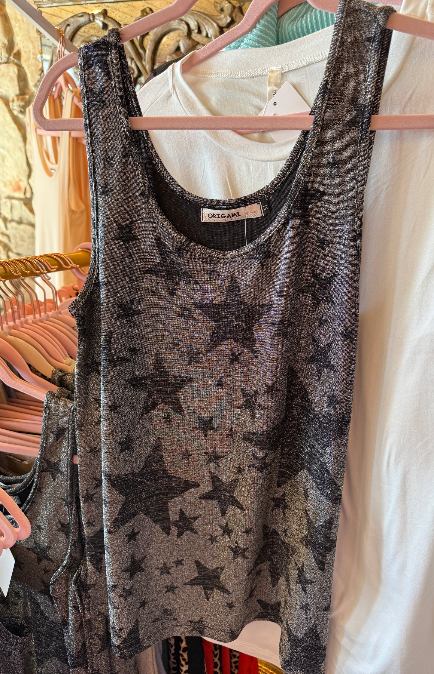 ORIGAMI Black Silver Star Sparkle Tank Top
