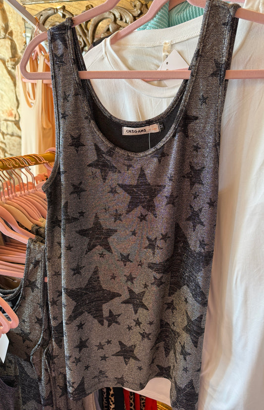 ORIGAMI Black Silver Star Sparkle Tank Top