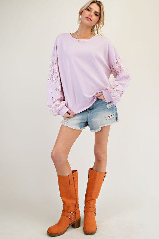 EASEL Lace Sleeve Pullover Lilac Mist
